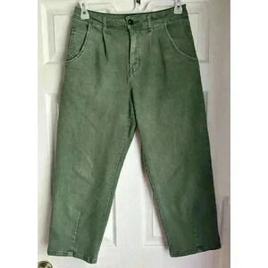 Zara High Waisted Pleated Cropped Denim Straight Leg Mom Jeans Green Size Medium